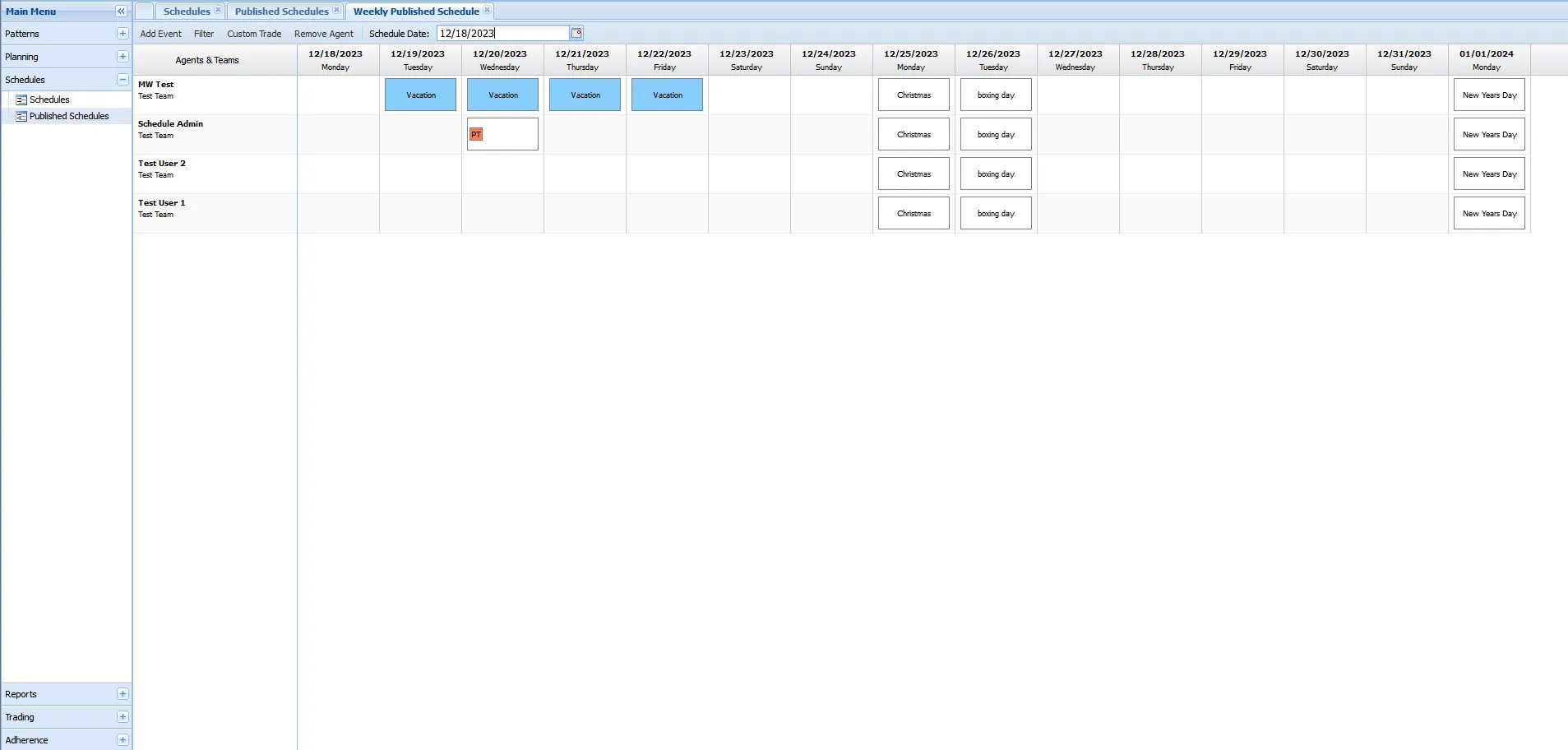 Festività visualizzate nella sezione Schedule di Schedule Manager