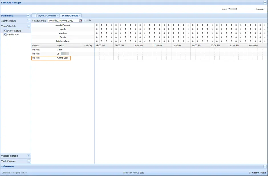 Il nuovo utente visualizzato in Schedule Manager