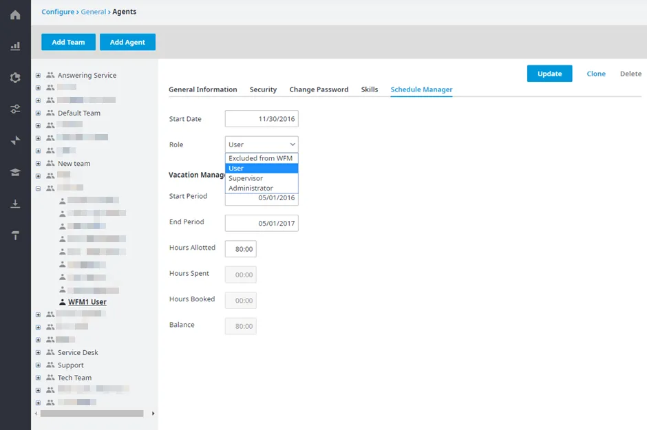 Scheda Schedule Manager con il ruolo User assegnato