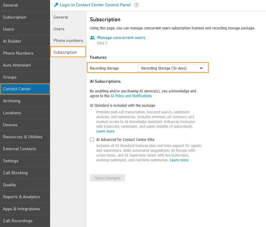 Scheda Subscription del Contact Center nel pannello di amministrazione EagleMercury