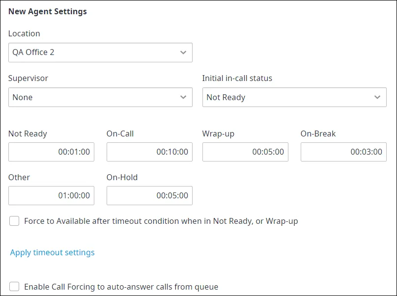 Sezione New Agent Settings