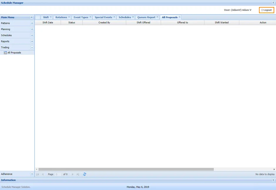 Uscita da Schedule Manager con il pulsante Logout