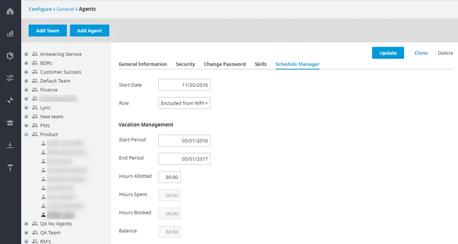 Privilegi di accesso degli utenti nella scheda Schedule Manager dell’agente
