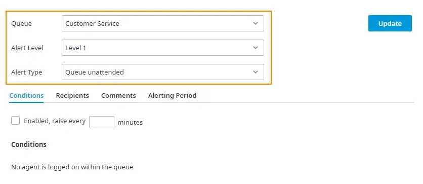 La pagina Manage Alerts con le schede Queue, Alert Level e Alert Types