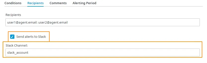La casella Send alerts to Slack e il campo del canale