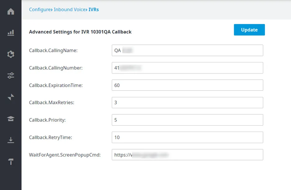 Finestra Advanced Settings di un IVR
