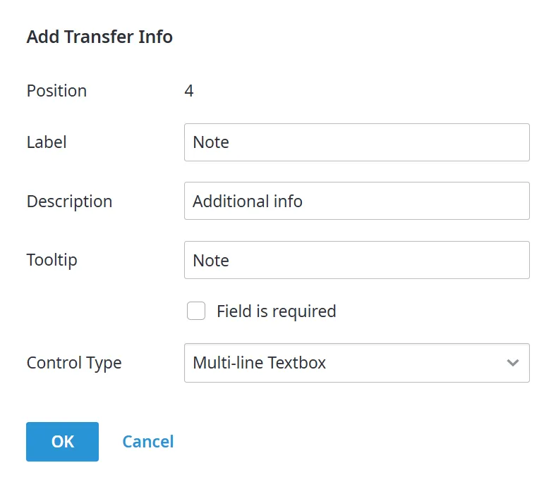 Finestra Add Transfer Info