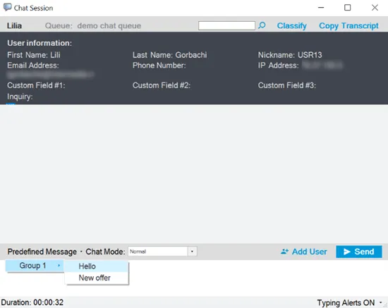 Menu Canned Messages in una sessione di chat