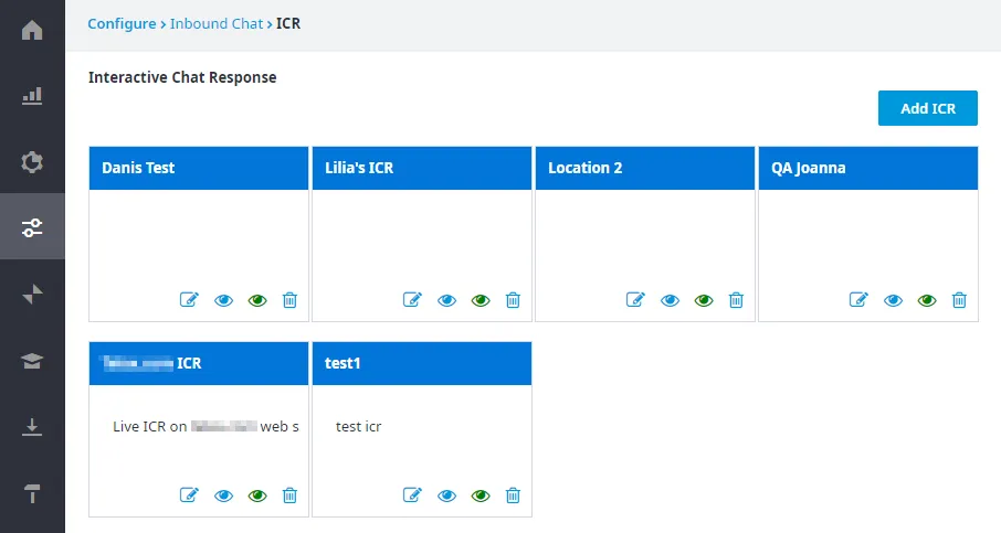 Pagina Interactive Chat Response con gli ICR creati