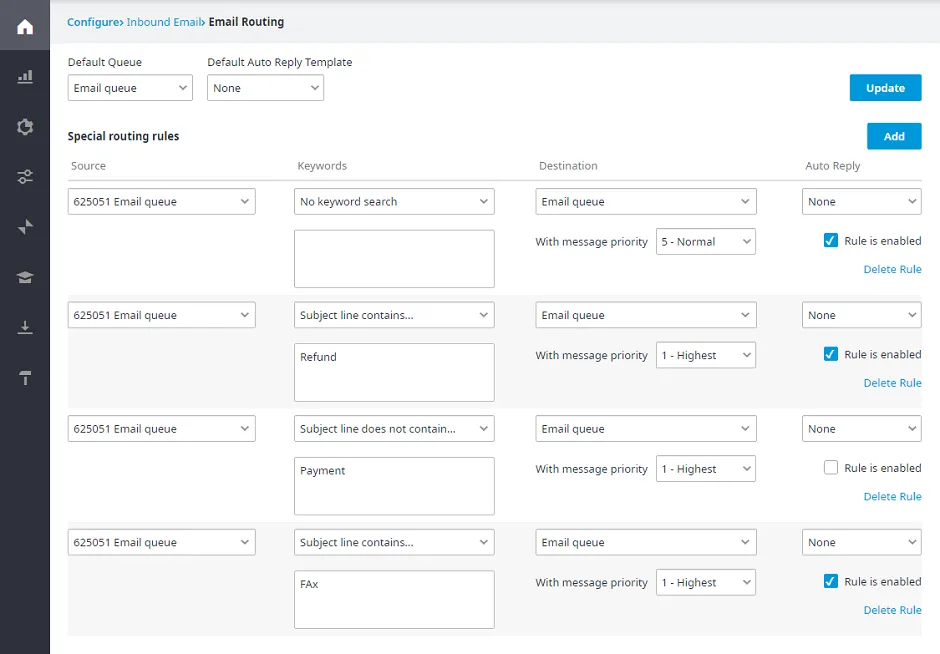 Schermata Email Routing per l’instradamento delle email