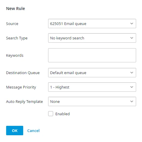 Finestra New Rule per una regola di instradamento delle email