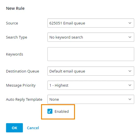 Regola di instradamento delle email attivata con la casella Enabled