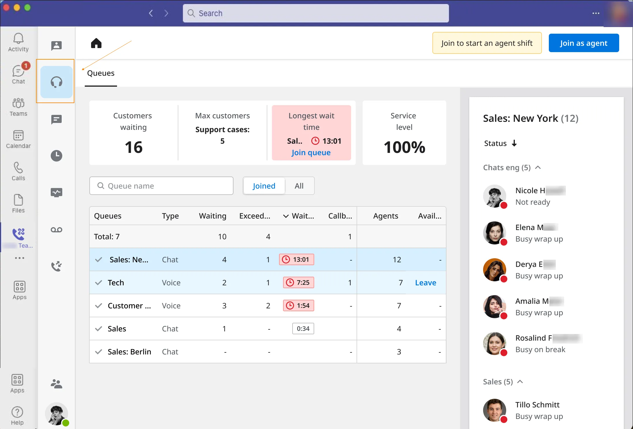 Schermata principale di UC+CC in Teams