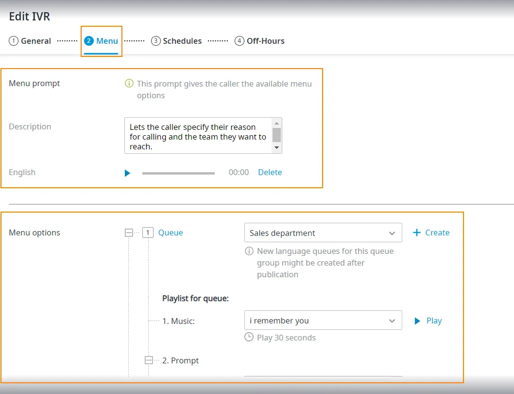 Pagina Menu di Easy IVR