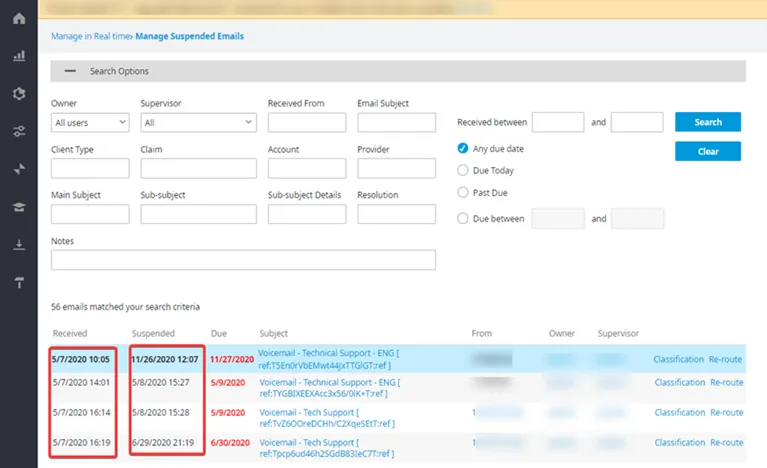 Pagina Manage Suspended Emails con data e ora nel fuso orario dell’agente