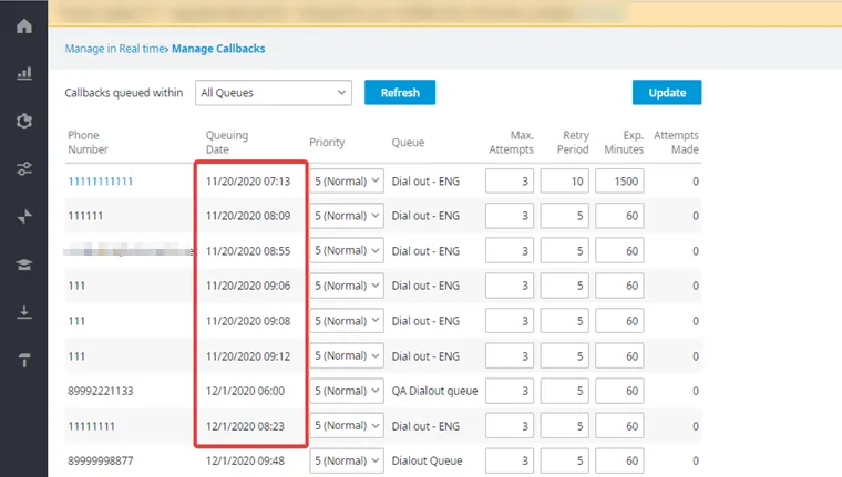 Pagina Manage Callbacks con data e ora nel fuso orario dell’agente