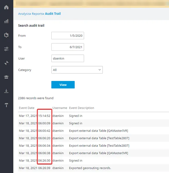 Pagina Audit Trail con data e ora nel fuso orario dell’agente
