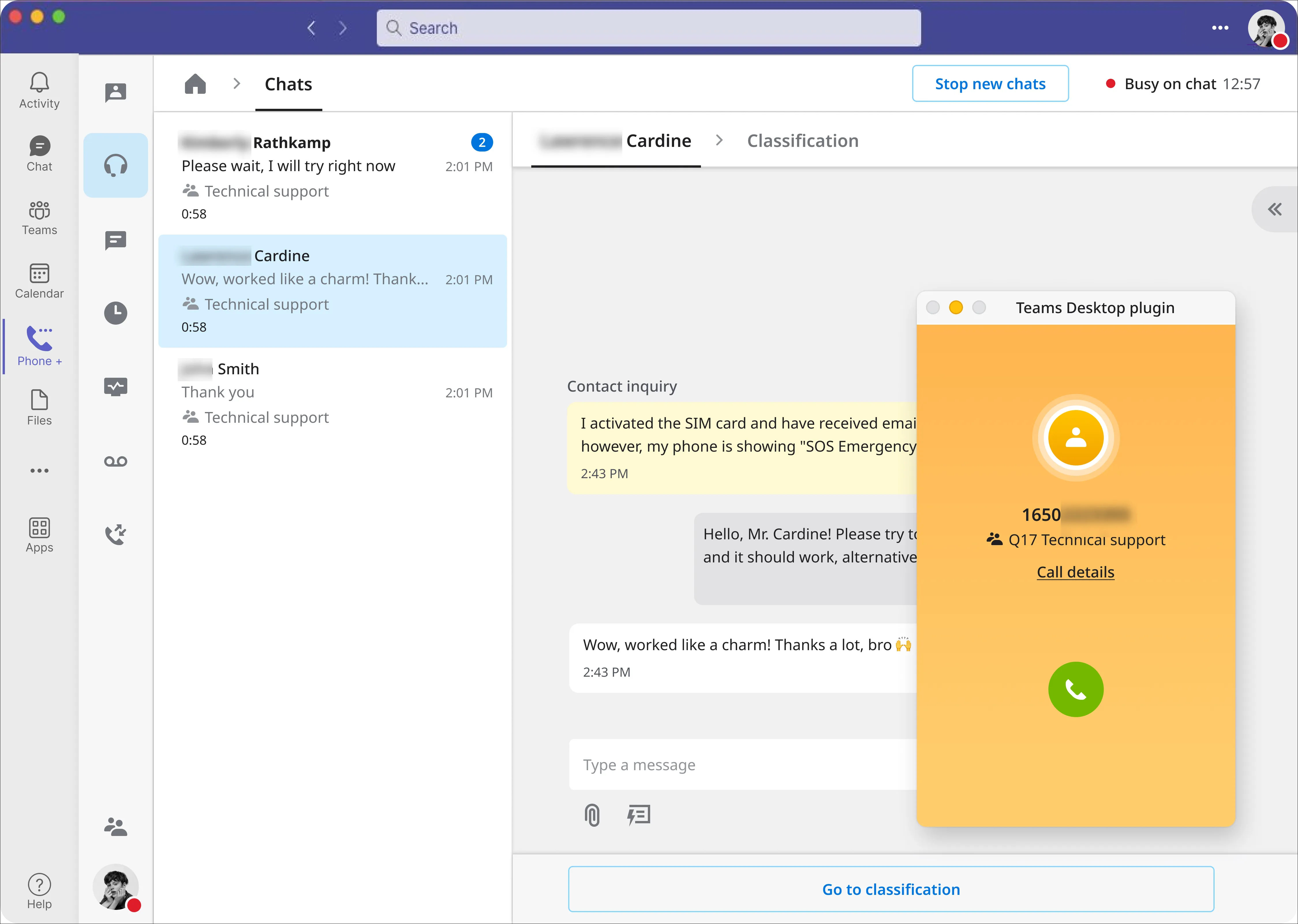 Chiamata in arrivo durante una chat nell’app integrata in Microsoft Teams