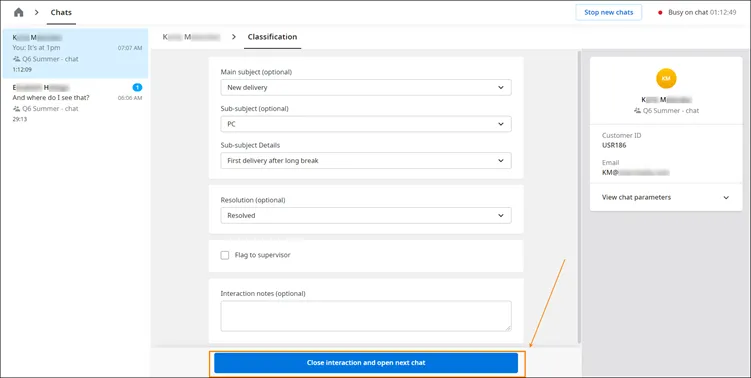 Classificazione della chat completata e pulsante per passare alla chat successiva