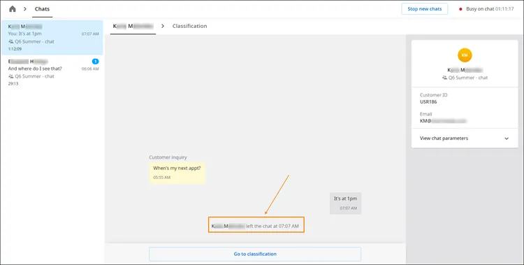 Notifica di chat abbandonata dal cliente e pulsante Go to classification