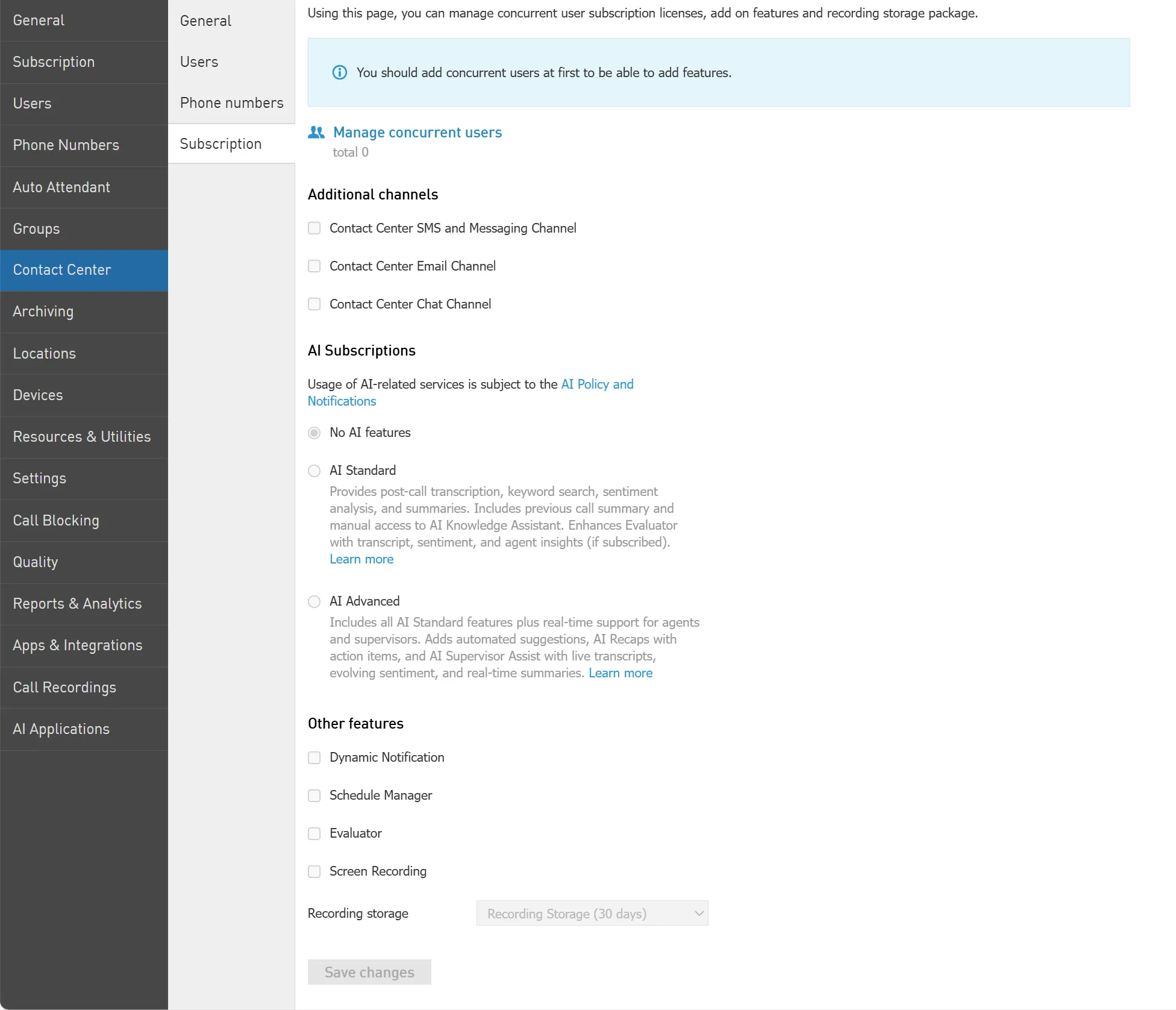 Opzioni dei pacchetti AI per il Contact Center EagleMercury Pro