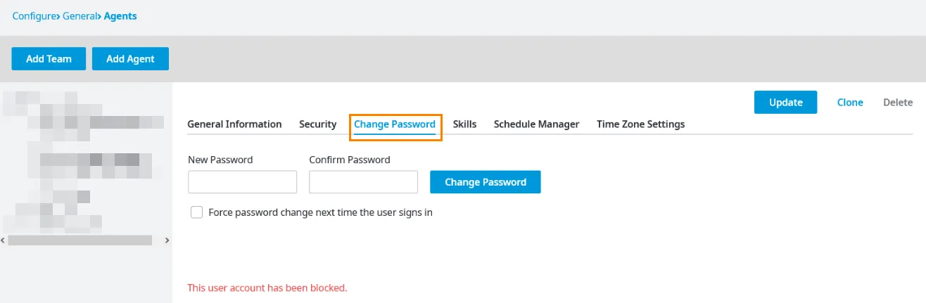 Scheda Change Password del profilo agente