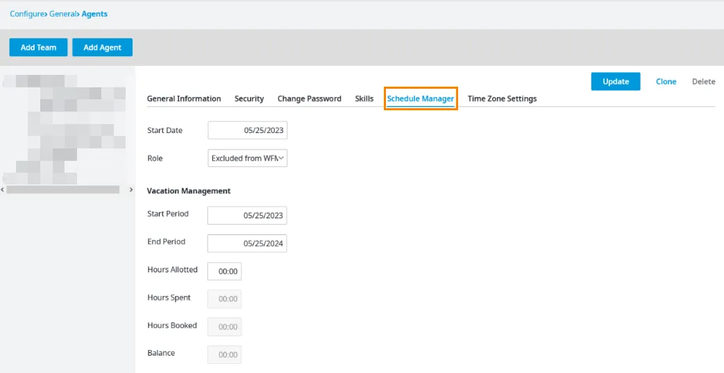 Scheda Schedule Manager del profilo agente