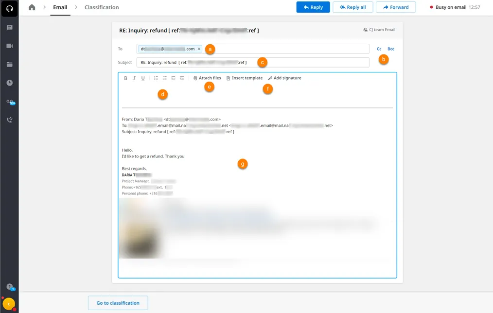 Schermata di risposta a un’email