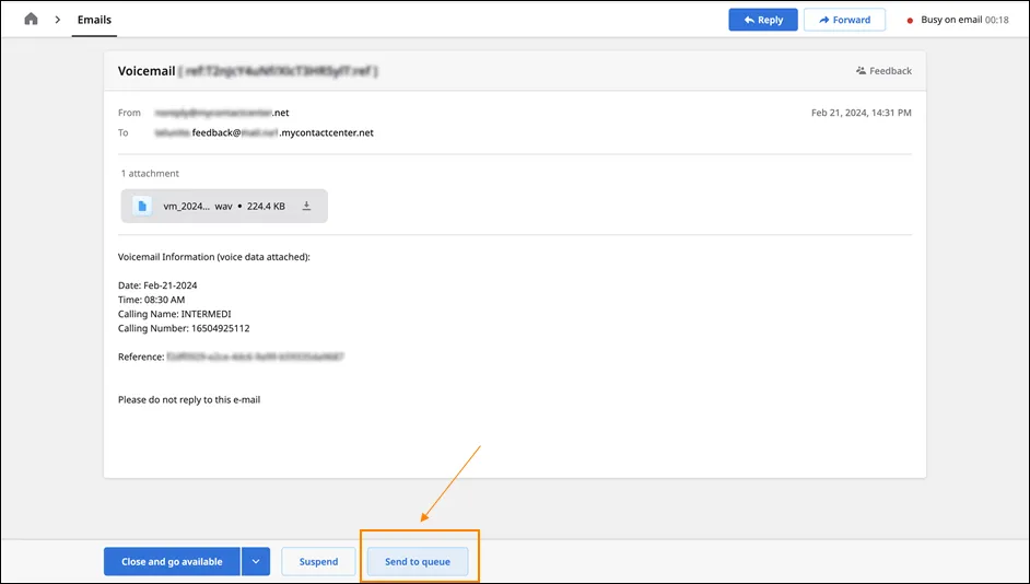 Il pulsante Send to Queue nella pagina dell’email, senza classificazione