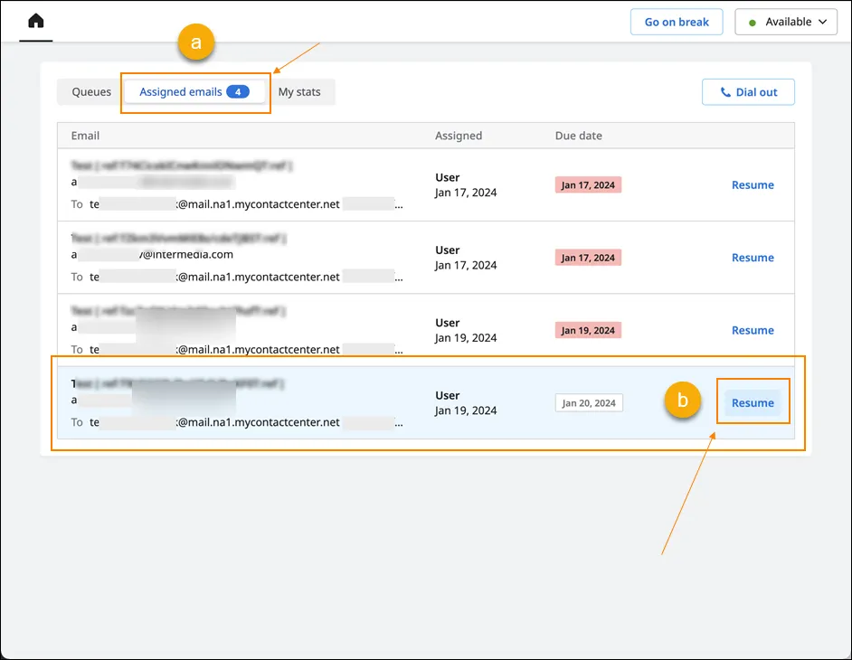 Email sospesa nella pagina Assigned emails