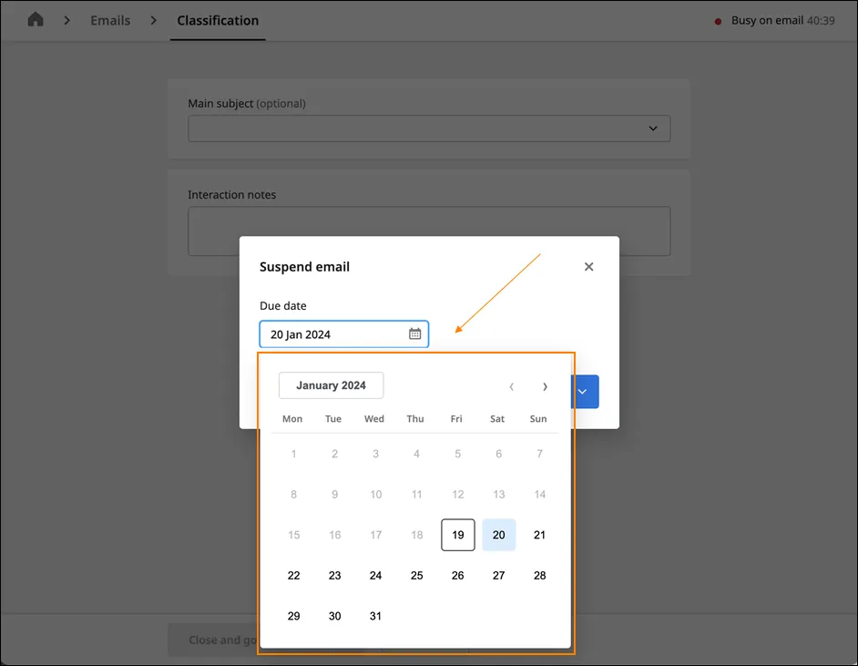 Scelta della data nella finestra Suspend email