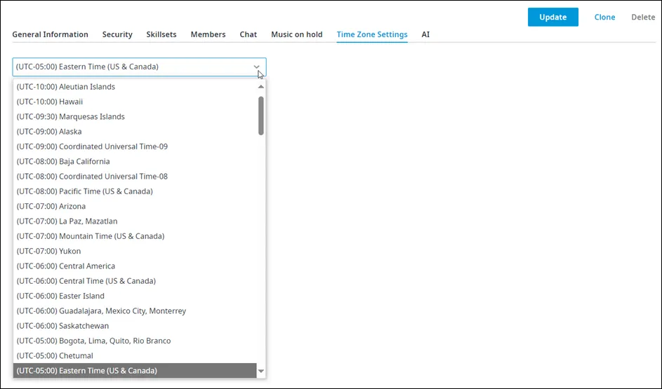 Scheda Time Zone Settings di un team