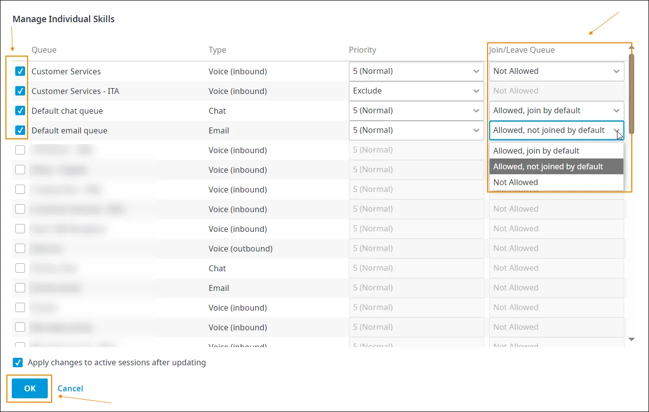 La pagina Manage Individual Skills con le code e la colonna Join/Leave Queue