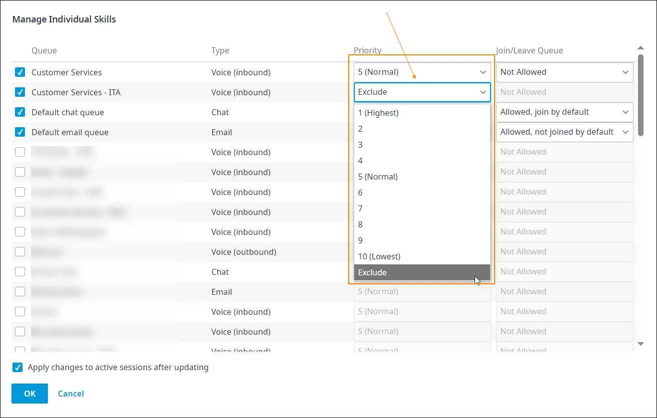 L’opzione Exclude nella pagina Manage Individual Skills
