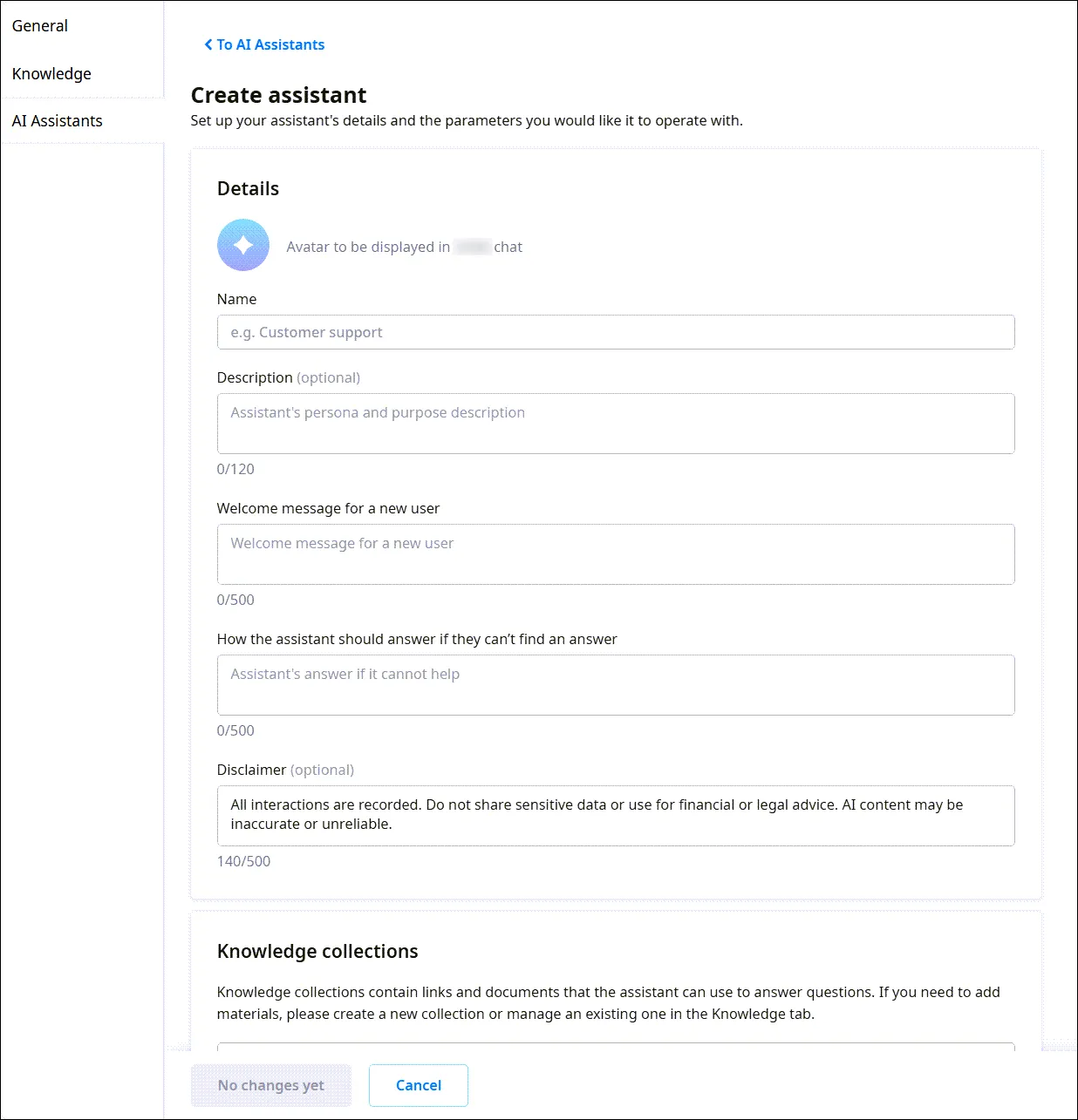 Pagina Create assistant
