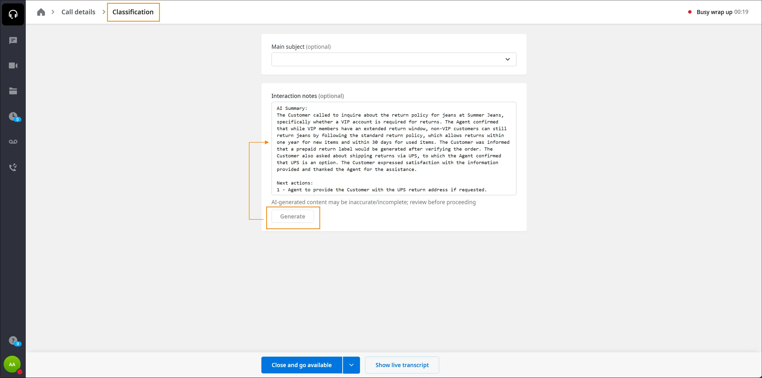 Casella Interaction notes con il riepilogo generato