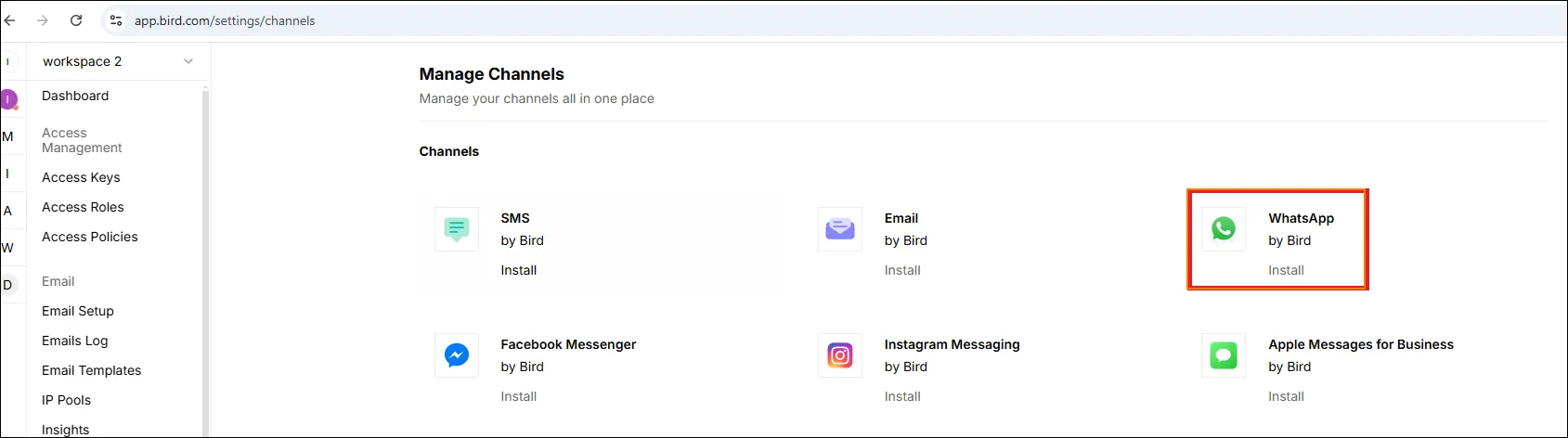 Riquadro WhatsApp Management in Bird