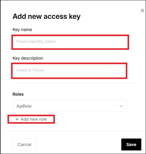 Nome, descrizione e ruolo della chiave di accesso