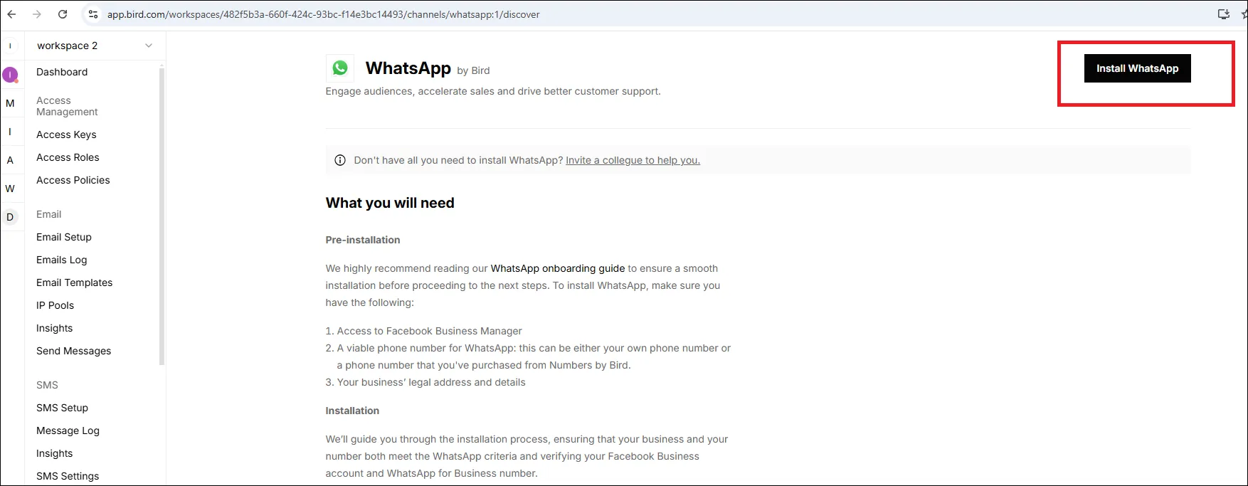 Pulsante Install WhatsApp