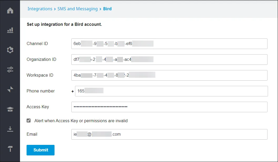 Pagina dell’integrazione Bird nel portale di amministrazione del Contact Center