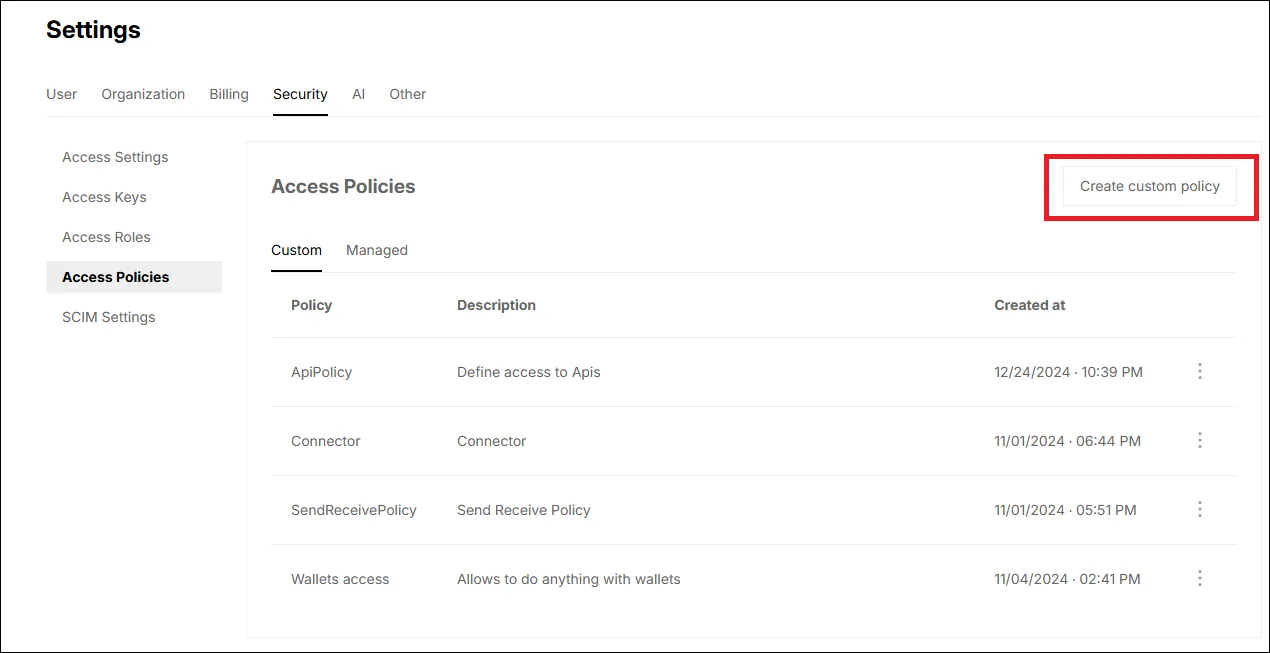 Pulsante Create Custom Policy