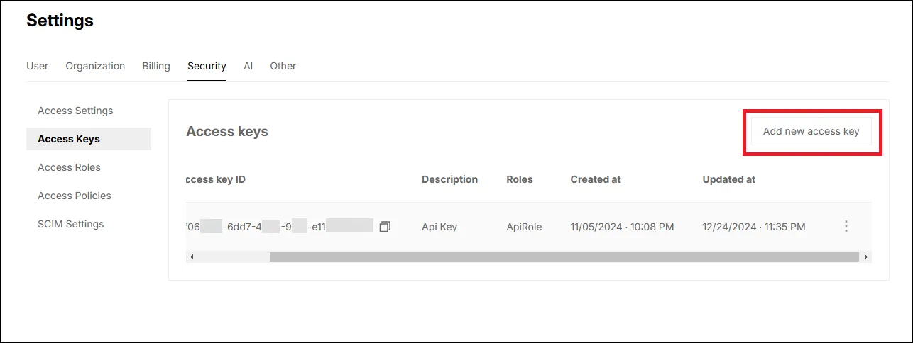 Pulsante Add new access key