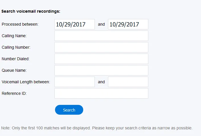 Schermata di ricerca delle registrazioni dei messaggi vocali