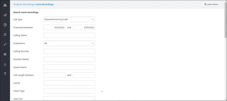 La pagina Search voice recordings