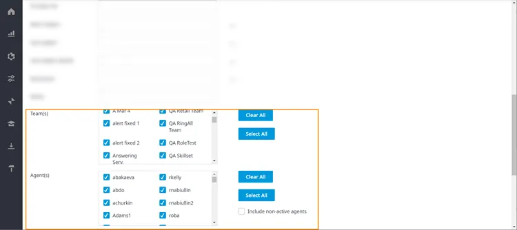La selezione di team e agenti con l’opzione Include non-active agents