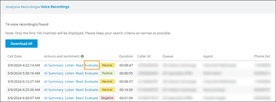 Il pulsante Evaluate nella pagina dei risultati