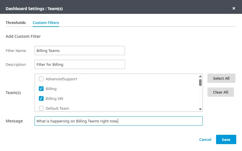 Campi del filtro personalizzato per i team