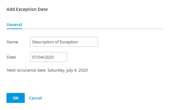 Finestra Add Exception Date