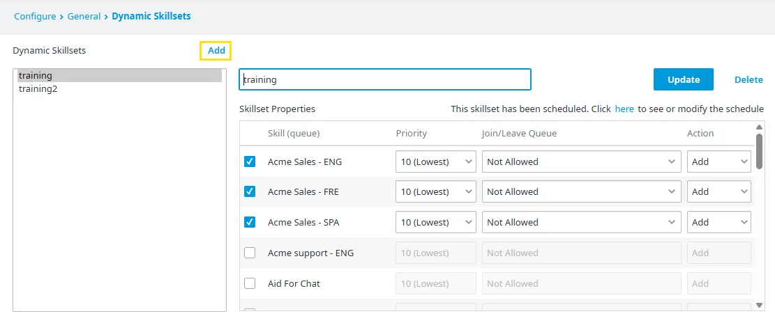 Il pulsante Add nella pagina Dynamic Skillsets