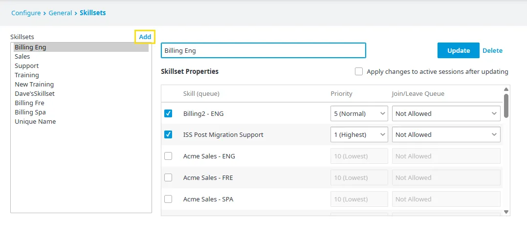 Il pulsante Add nella pagina Skillsets